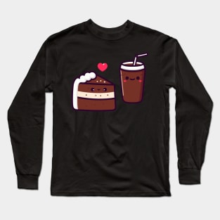 Kawaii Chocolate Cake and Cola Drink Couple with a Heart | Cute Kawaii Food Art Long Sleeve T-Shirt